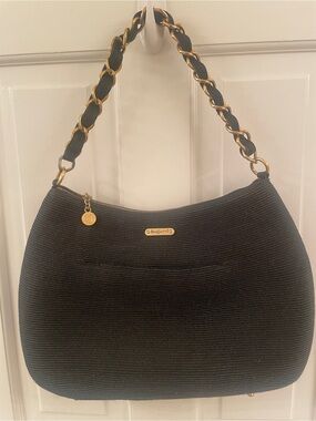 Eric Javits Black Woven Shoulder Bag with Gold Chain-Detail Strap